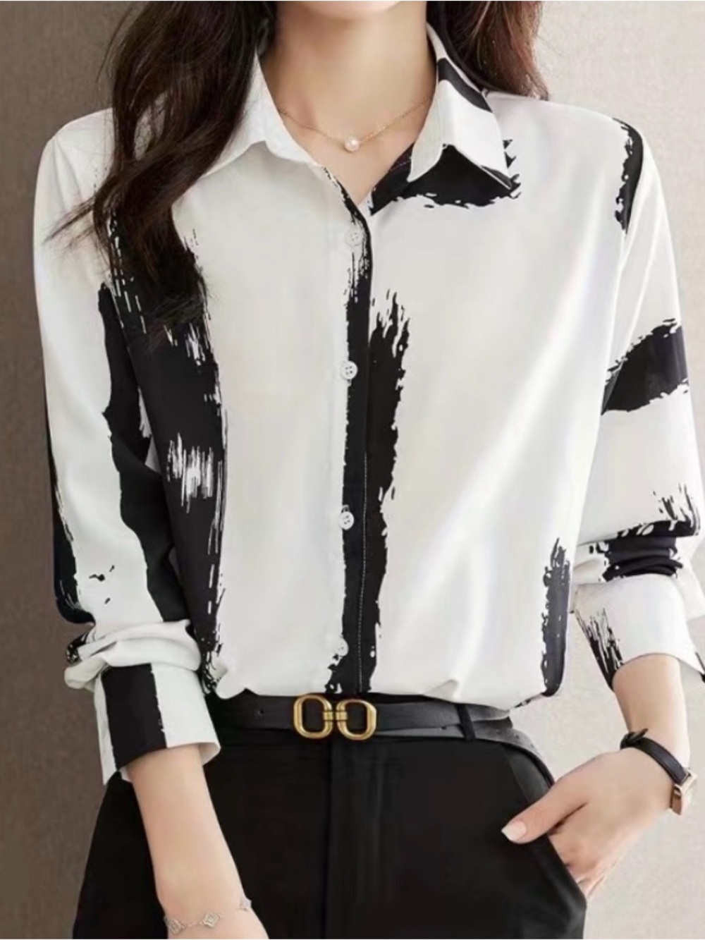 White and Black Brushstroke Button Down Shirt